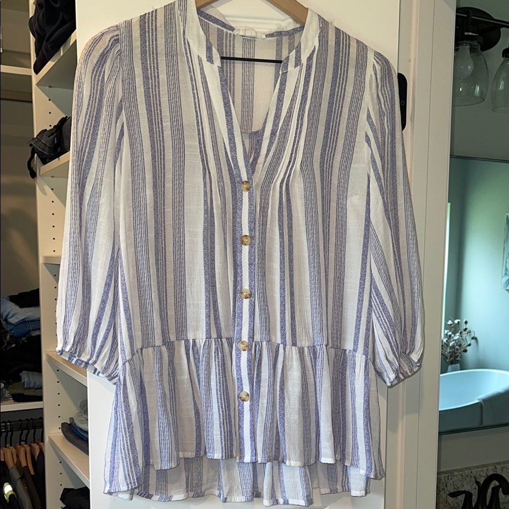 Blu Pepper White and Blue Striped Peplum Button-Front Blouse